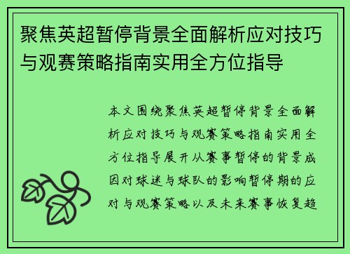 聚焦英超暂停背景全面解析应对技巧与观赛策略指南实用全方位指导 聚焦英超暂停背景全面解析应对技巧与观赛策略指南实用全方位指导