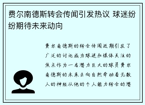 费尔南德斯转会传闻引发热议 球迷纷纷期待未来动向