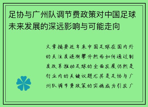 足协与广州队调节费政策对中国足球未来发展的深远影响与可能走向 足协与广州队调节费政策对中国足球未来发展的深远影响与可能走向
